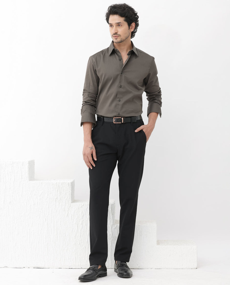 Rare Rabbit Men's Como-4 Dusky Olive Cotton Plain Regular Fit Full Sleeve Collared Shirt