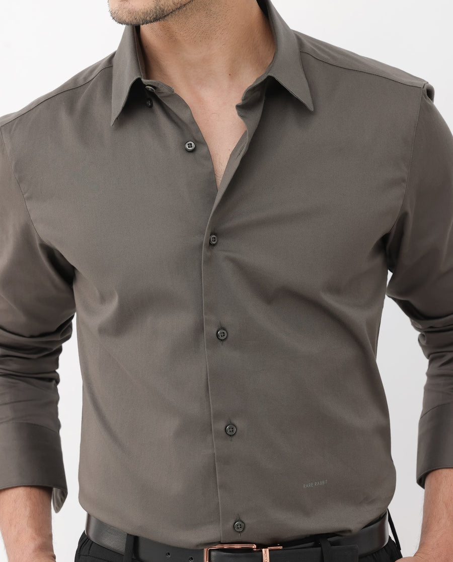 Rare Rabbit Men's Como-4 Dusky Olive Cotton Plain Regular Fit Full Sleeve Collared Shirt