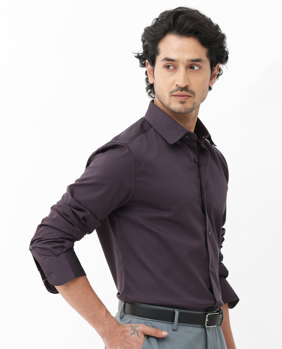 Rare Rabbit Men's Como-4 Dark Purple Cotton Plain Regular Fit Full Sleeve Collared Shirt