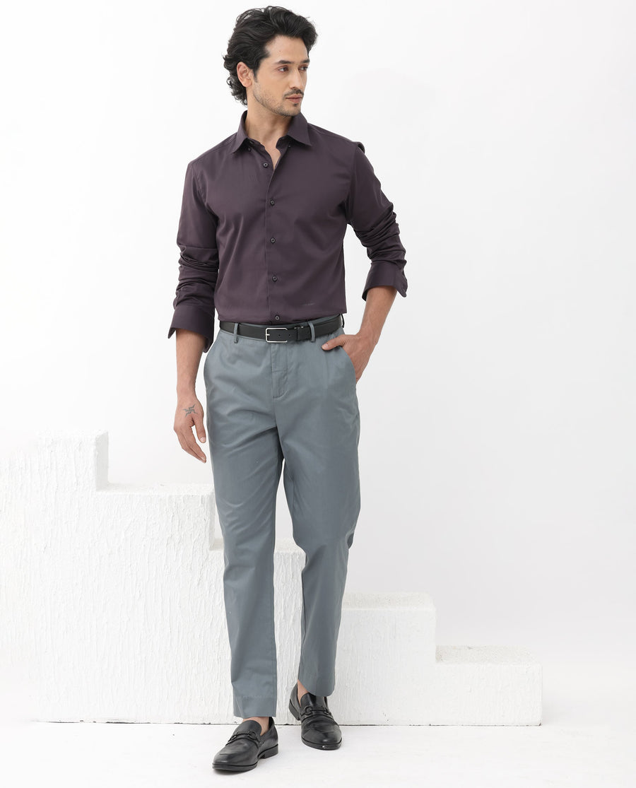 Rare Rabbit Men's Como-4 Dark Purple Cotton Plain Regular Fit Full Sleeve Collared Shirt