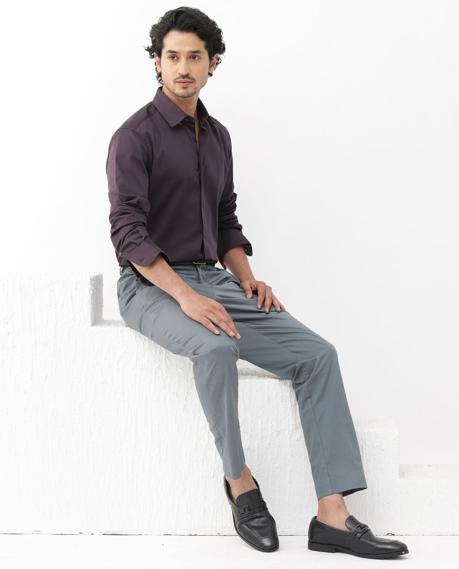 Rare Rabbit Men's Como-4 Dark Purple Cotton Plain Regular Fit Full Sleeve Collared Shirt
