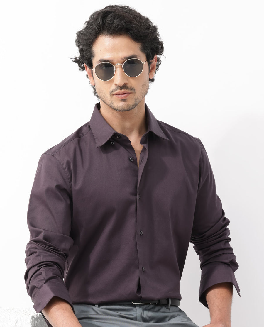 Rare Rabbit Men's Como-4 Dark Purple Cotton Plain Regular Fit Full Sleeve Collared Shirt