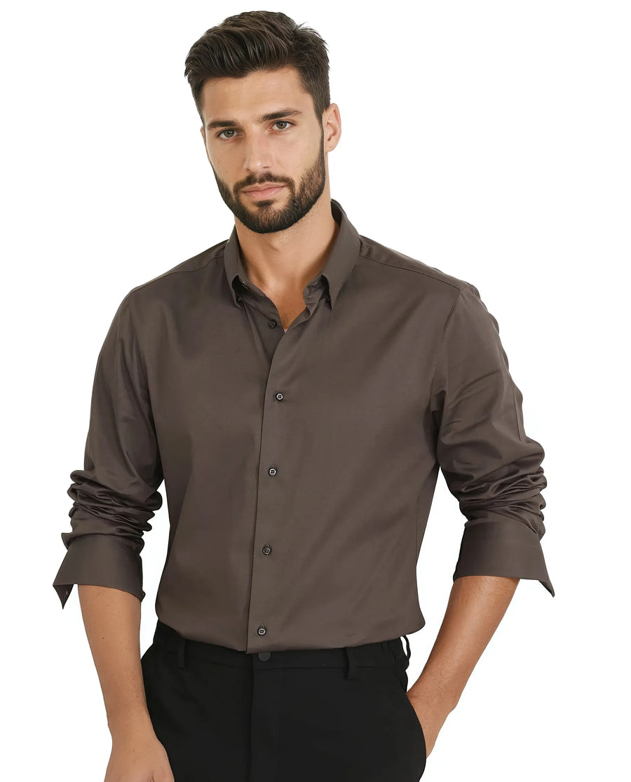 Rare Rabbit Men's Como 25 Dusky Olive Cotton Blend Plain Regular Fit Full Sleeve Collared Shirt