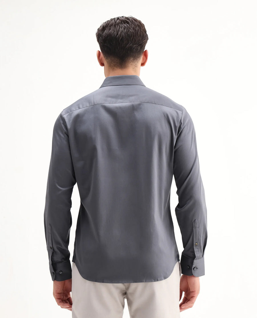 Rare Rabbit Men's Como-26 Dusky Blue Satin Plain Regular Fit Full Sleeve Collared Shirt