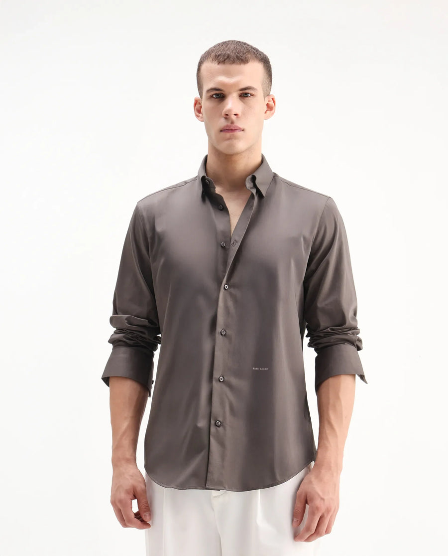 Rare Rabbit Men's Como-26 Dusky Brown Satin Plain Regular Fit Full Sleeve Collared Shirt