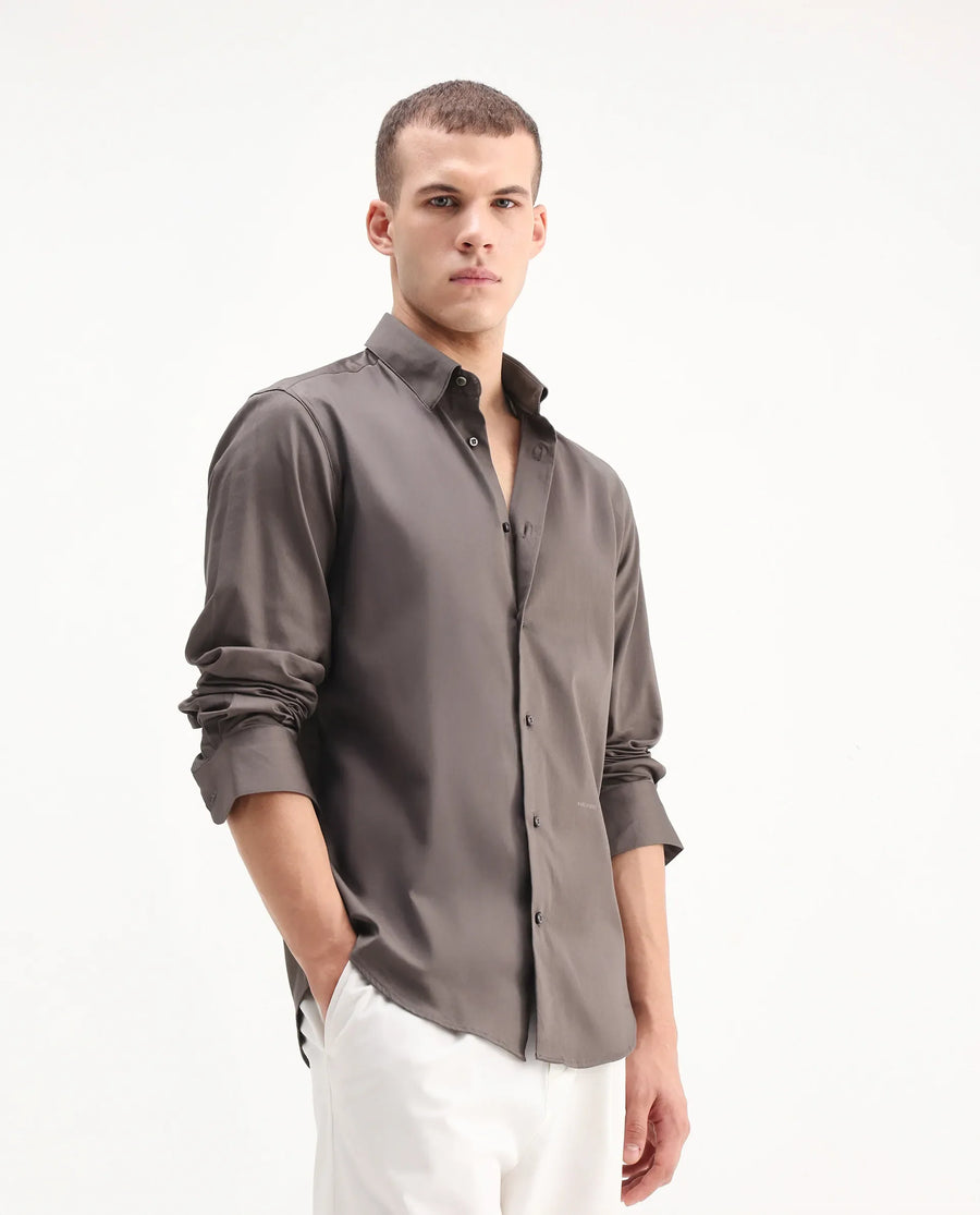 Rare Rabbit Men's Como-26 Dusky Brown Satin Plain Regular Fit Full Sleeve Collared Shirt