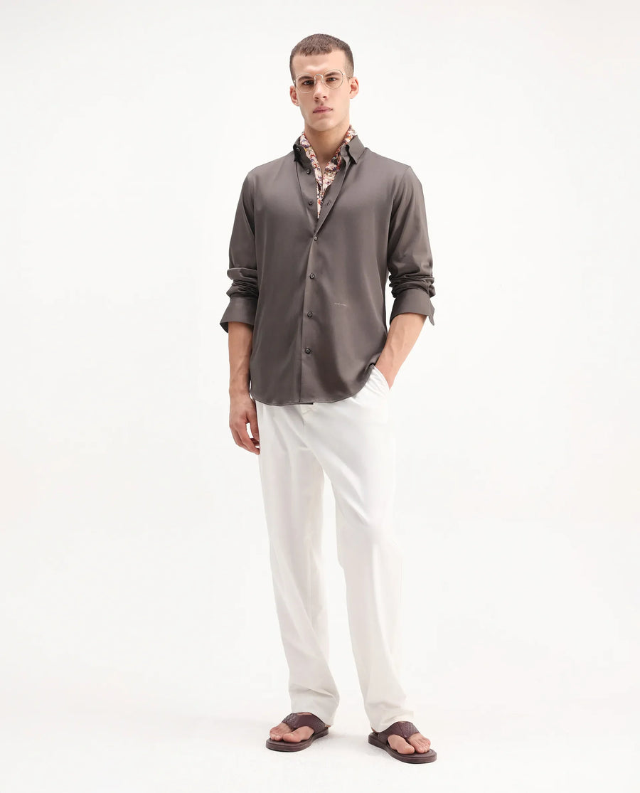 Rare Rabbit Men's Como-26 Dusky Brown Satin Plain Regular Fit Full Sleeve Collared Shirt