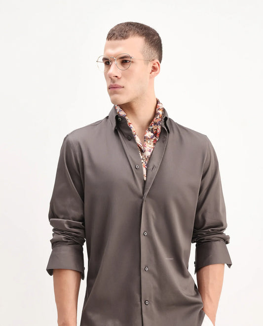 Rare Rabbit Men's Como-26 Dusky Brown Satin Plain Regular Fit Full Sleeve Collared Shirt