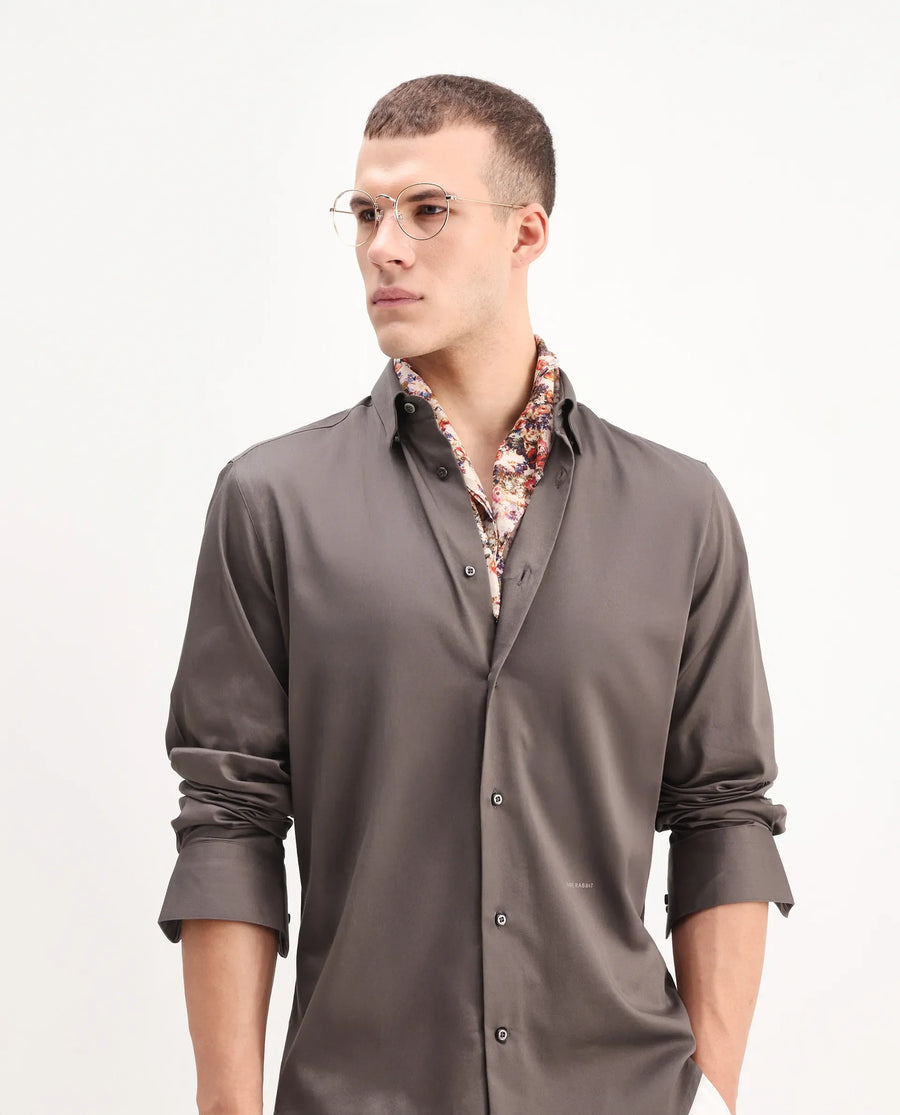 Rare Rabbit Men's Como-26 Dusky Brown Satin Plain Regular Fit Full Sleeve Collared Shirt