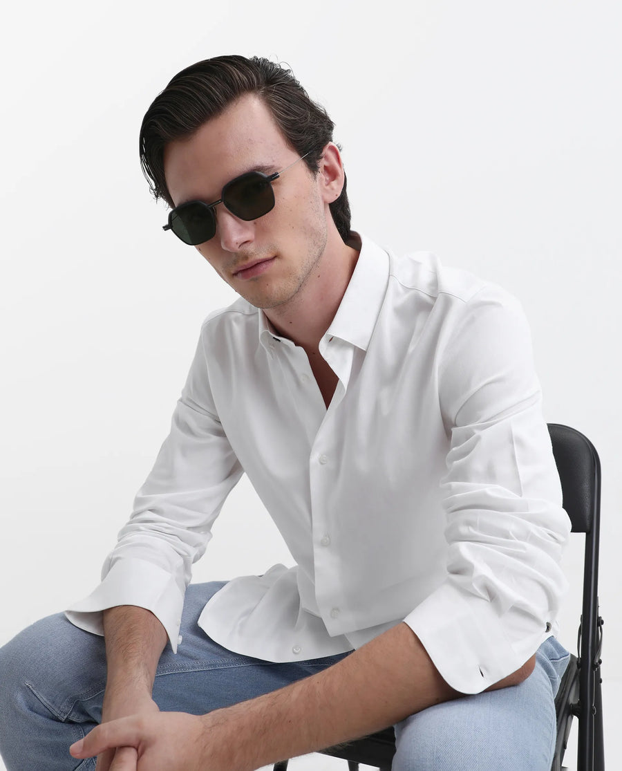 Rare Rabbit Men's Como-26 White Satin Plain Regular Fit Full Sleeve Collared Shirt