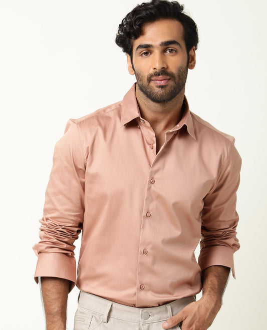 Rare Rabbit Men's Como Peach Satin Plain Regular Fit Full Sleeve Collared Shirt