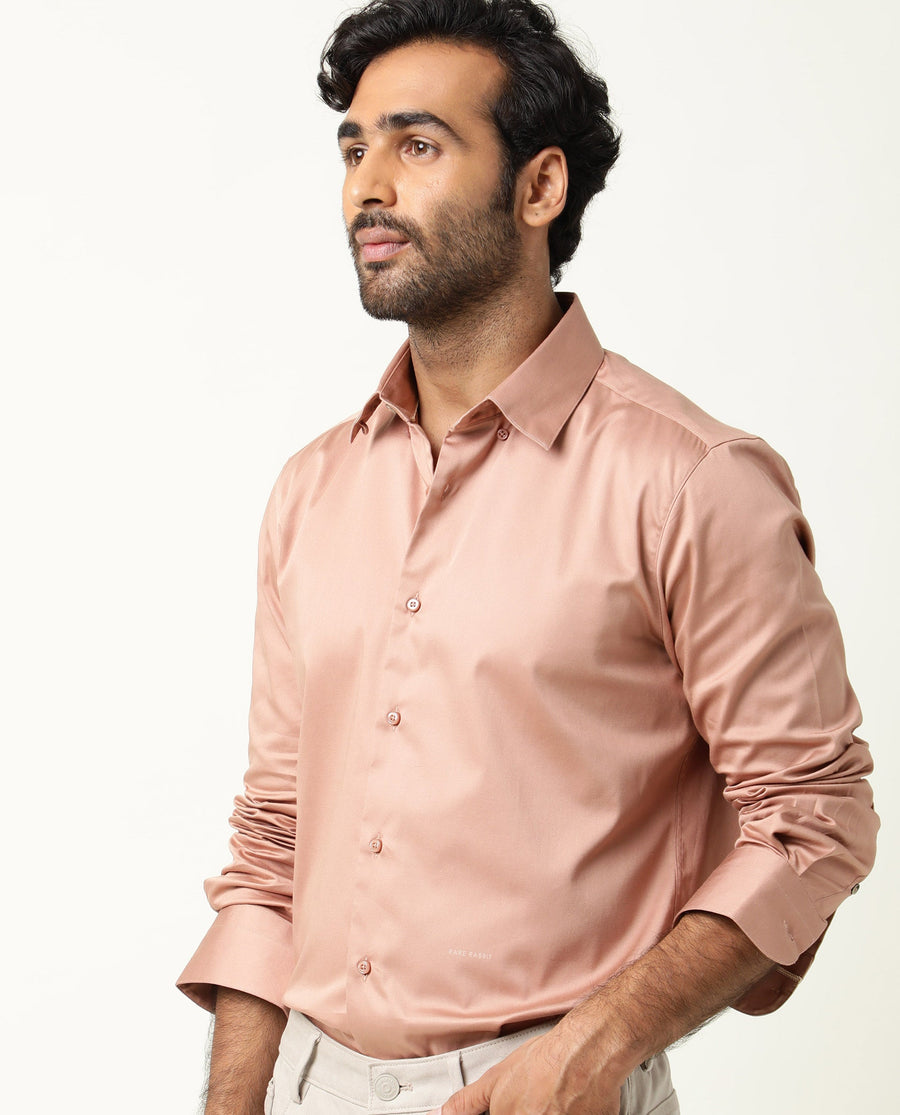 Rare Rabbit Men's Como Peach Satin Plain Regular Fit Full Sleeve Collared Shirt