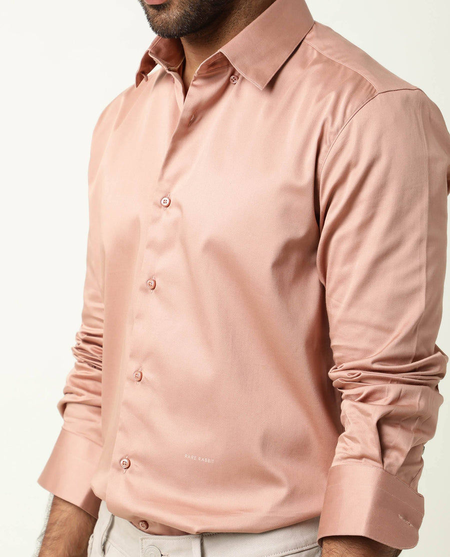 Rare Rabbit Men's Como Peach Satin Plain Regular Fit Full Sleeve Collared Shirt