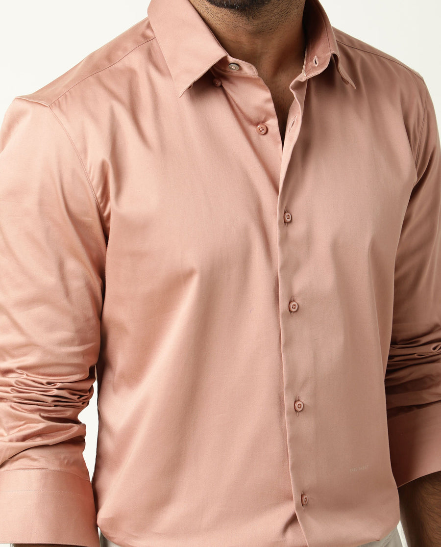 Rare Rabbit Men's Como Peach Satin Plain Regular Fit Full Sleeve Collared Shirt