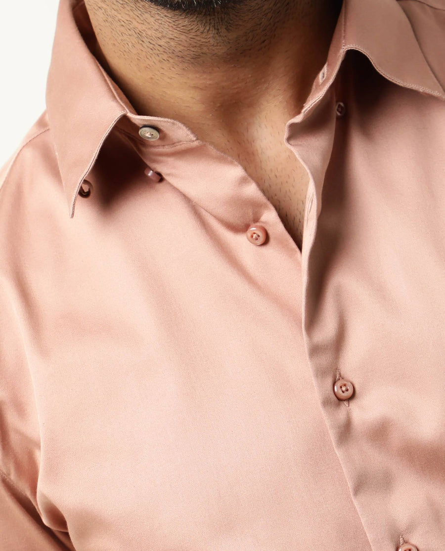 Rare Rabbit Men's Como Peach Satin Plain Regular Fit Full Sleeve Collared Shirt