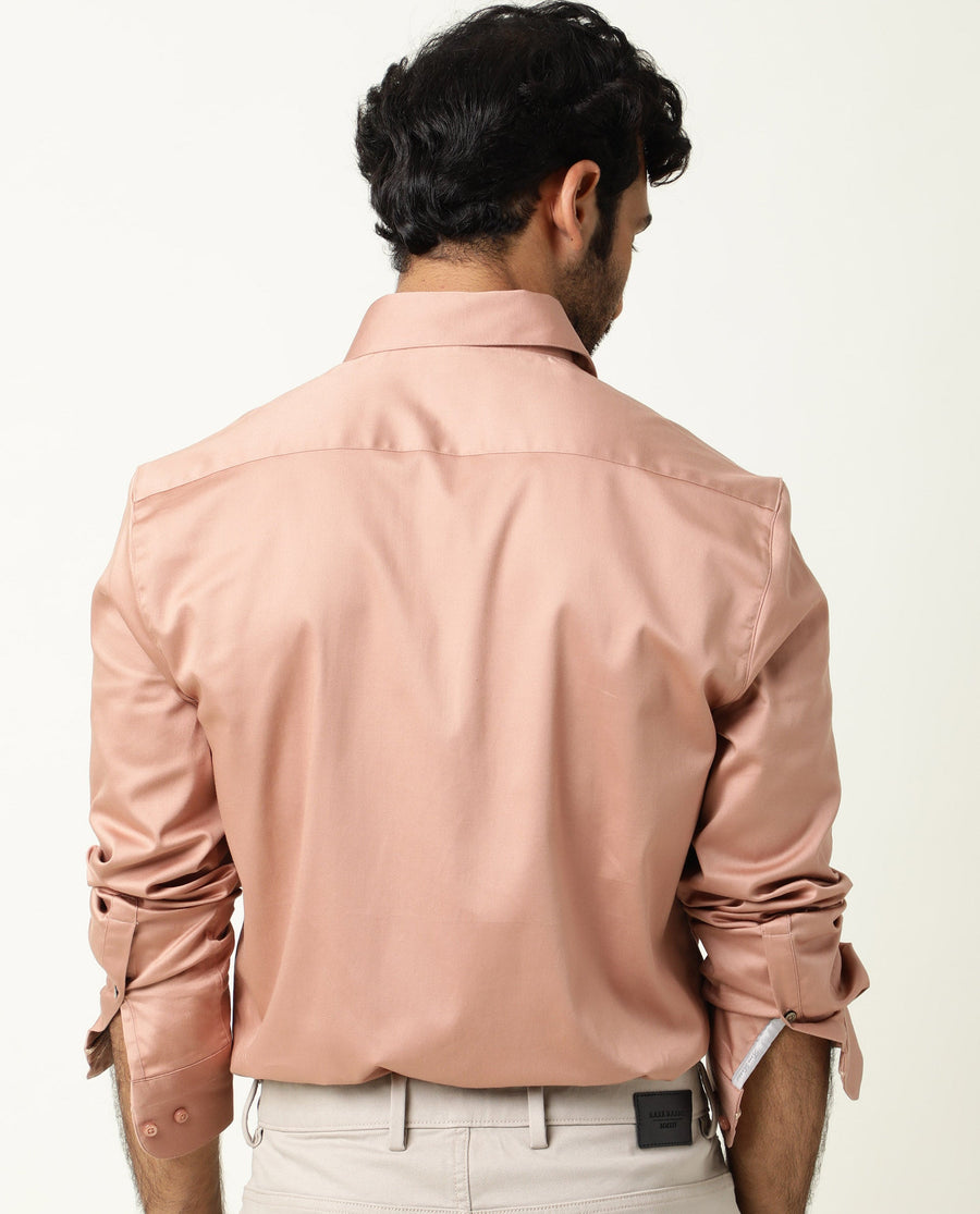 Rare Rabbit Men's Como Peach Satin Plain Regular Fit Full Sleeve Collared Shirt