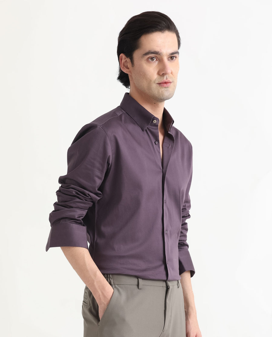 Rare Rabbit Men's Comor Dark Purple Cotton Plain Regular Fit Full Sleeve Collared Shirt