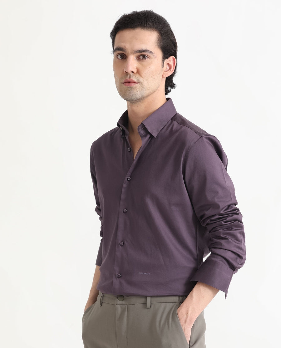 Rare Rabbit Men's Comor Dark Purple Cotton Plain Regular Fit Full Sleeve Collared Shirt