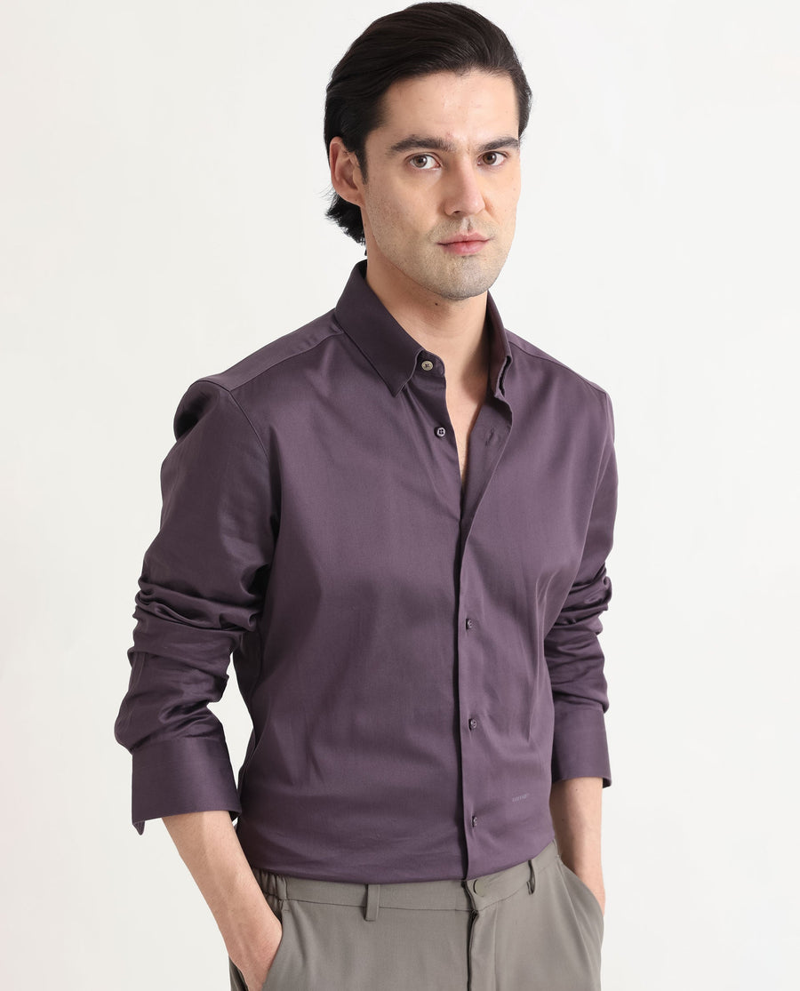 Rare Rabbit Men's Comor Dark Purple Cotton Plain Regular Fit Full Sleeve Collared Shirt