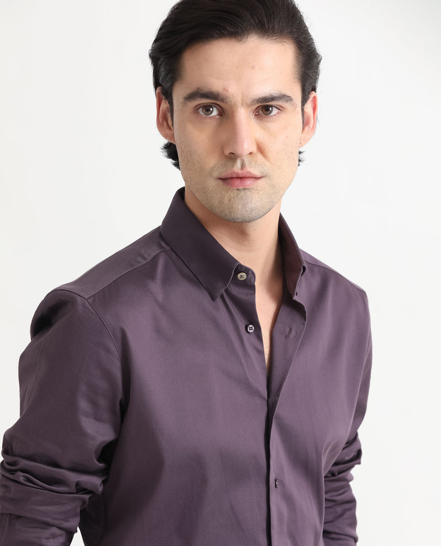Rare Rabbit Men's Comor Dark Purple Cotton Plain Regular Fit Full Sleeve Collared Shirt