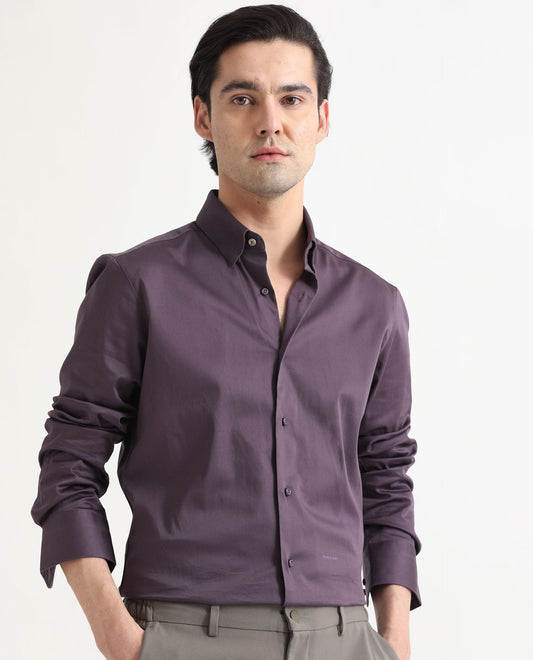 Rare Rabbit Men's Comor Dark Purple Cotton Plain Regular Fit Full Sleeve Collared Shirt