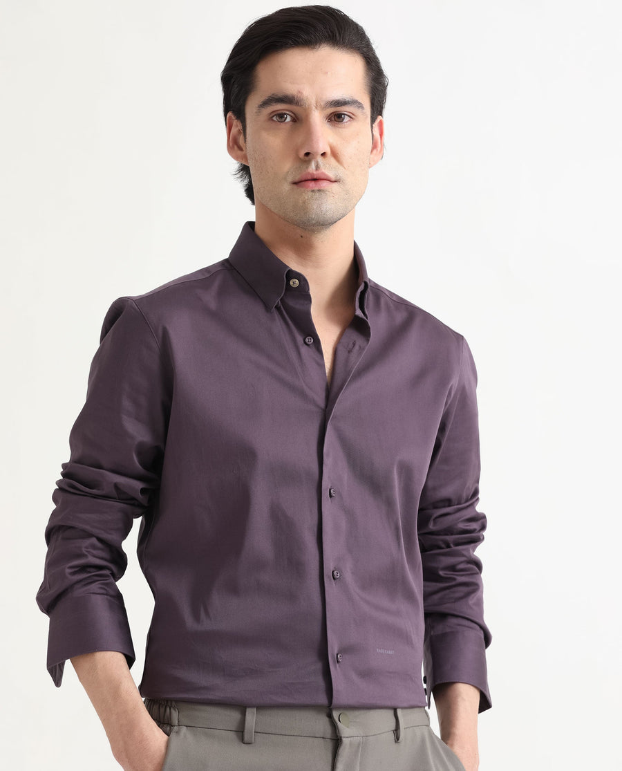 Rare Rabbit Men's Comor Dark Purple Cotton Plain Regular Fit Full Sleeve Collared Shirt