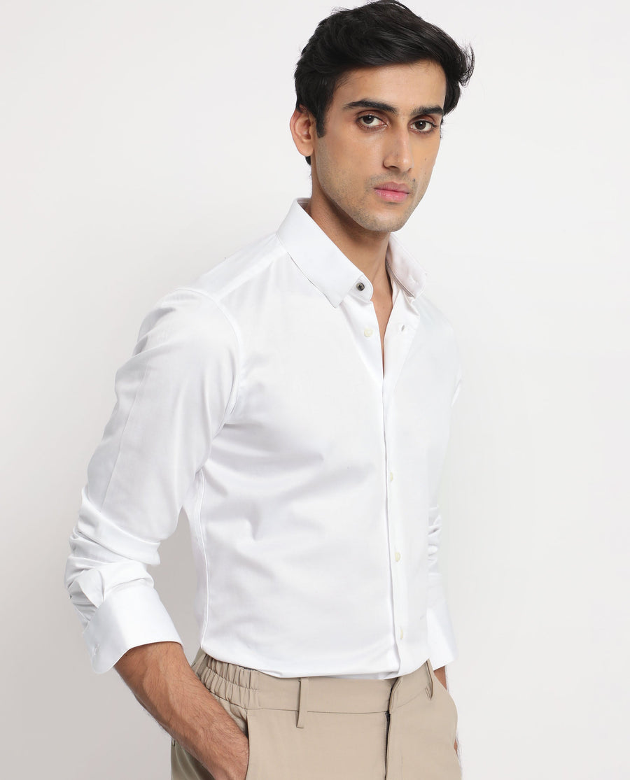 Rare Rabbit Men's Comor White Cotton Plain Regular Fit Full Sleeve Collared Shirt