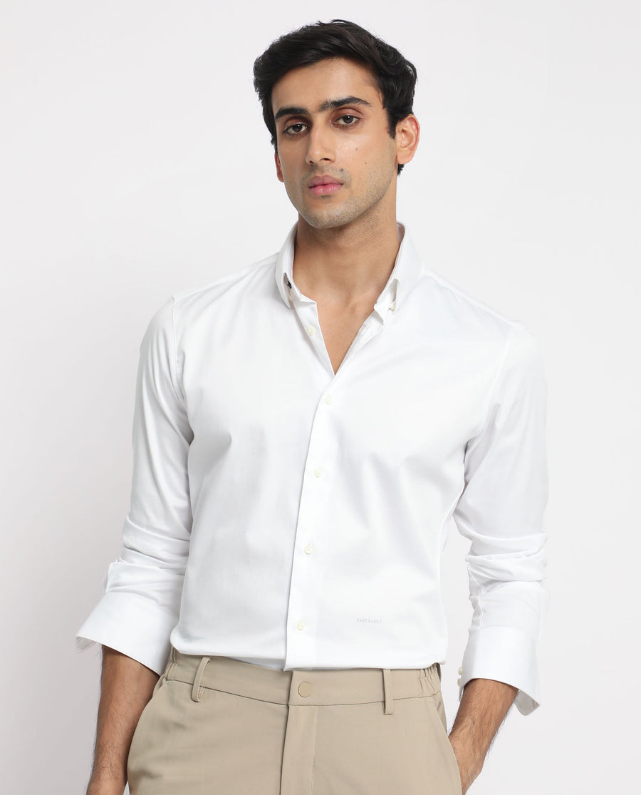 Rare Rabbit Men's Comor White Cotton Plain Regular Fit Full Sleeve Collared Shirt