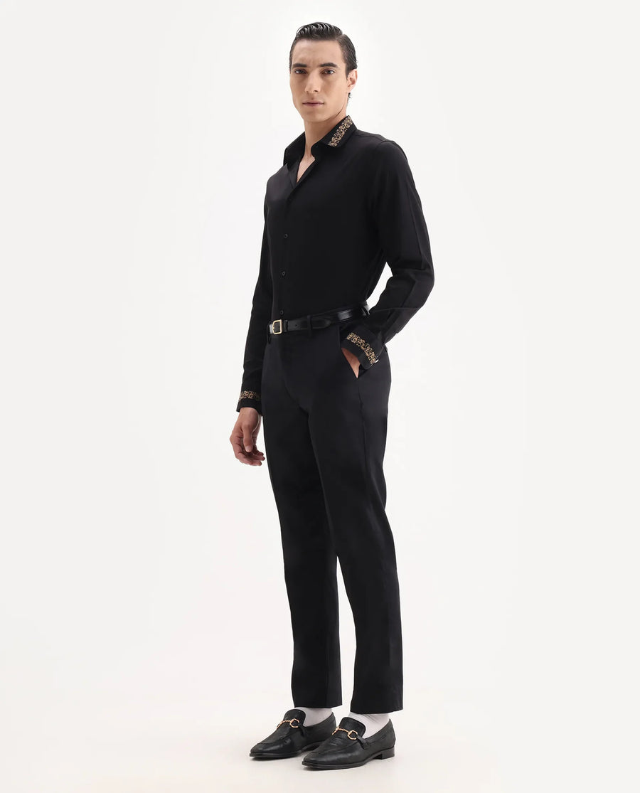 Rare Rabbit Men's Comotel Black Cotton Blend Plain Regular Fit Trouser