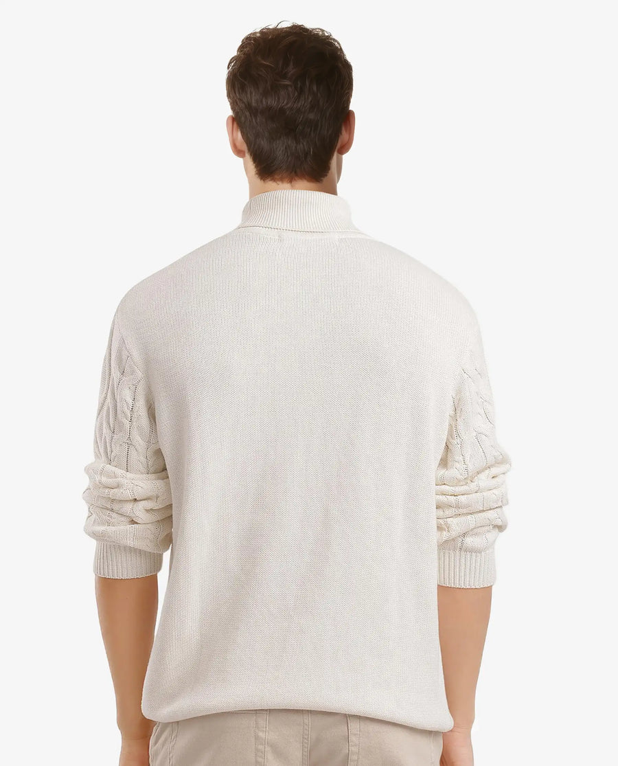 Rare Rabbit Men's Cong-1 White Cotton Textured Regular Fit Full Sleeve Turtle Neck Sweater