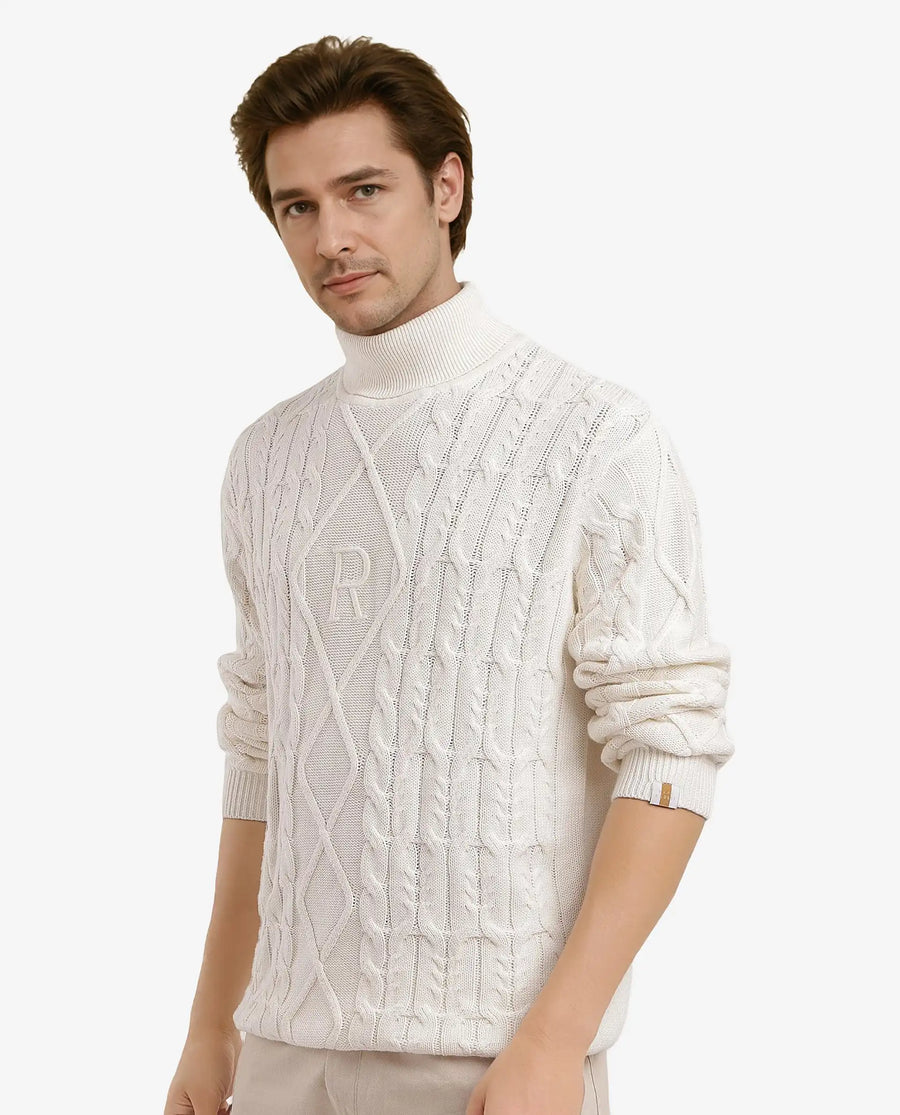 Rare Rabbit Men's Cong-1 White Cotton Textured Regular Fit Full Sleeve Turtle Neck Sweater