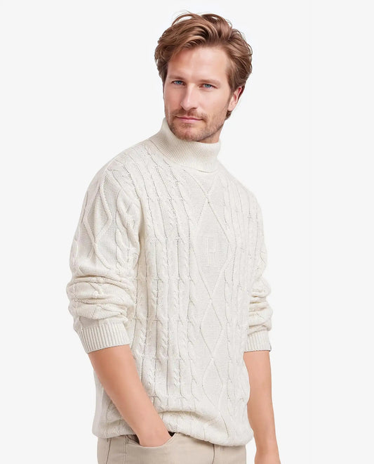 Rare Rabbit Men's Cong-1 White Cotton Textured Regular Fit Full Sleeve Turtle Neck Sweater