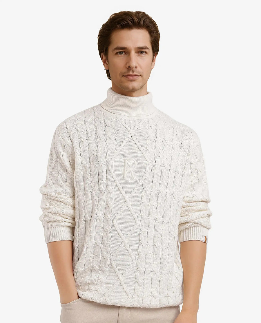 Rare Rabbit Men's Cong-1 White Cotton Textured Regular Fit Full Sleeve Turtle Neck Sweater