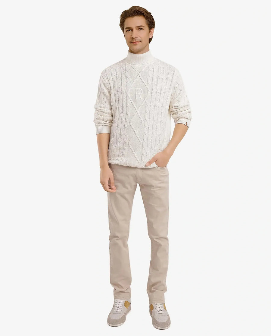 Rare Rabbit Men's Cong-1 White Cotton Textured Regular Fit Full Sleeve Turtle Neck Sweater
