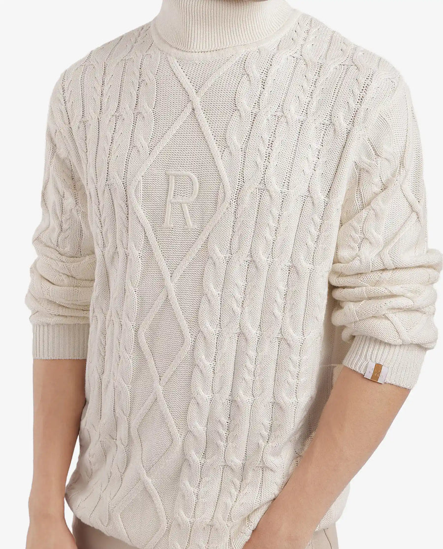 Rare Rabbit Men's Cong-1 White Cotton Textured Regular Fit Full Sleeve Turtle Neck Sweater