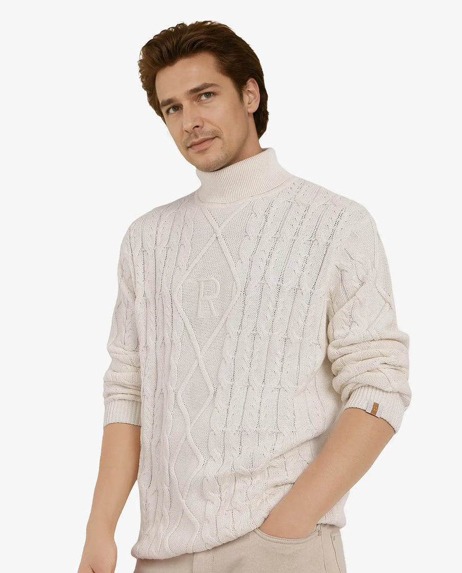 Rare Rabbit Men's Cong-1 White Cotton Textured Regular Fit Full Sleeve Turtle Neck Sweater
