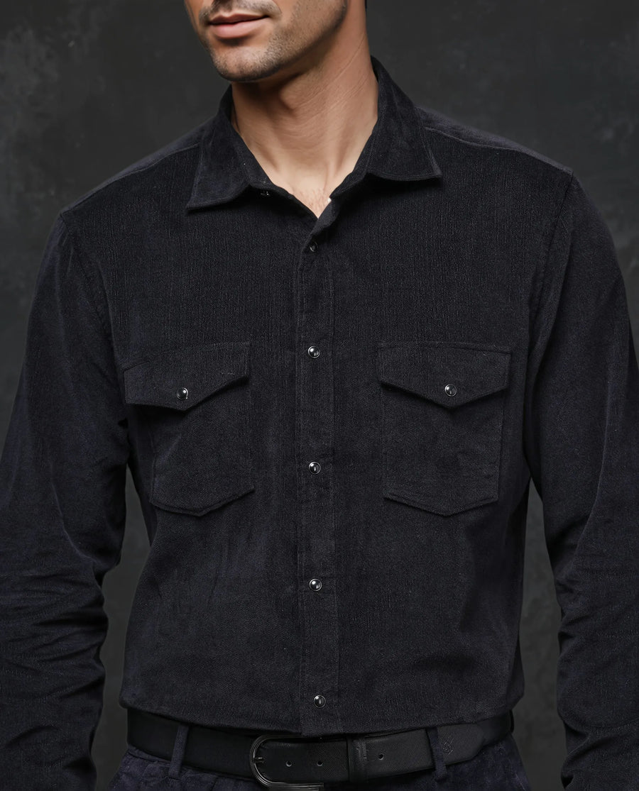 Rare Rabbit Men's Cordin-2 Black Cotton Plain Regular Fit Full Sleeve Collared Shirt