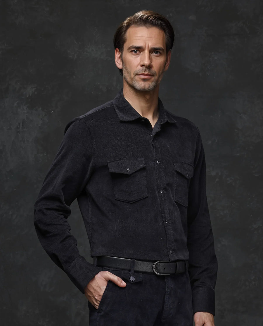 Rare Rabbit Men's Cordin-2 Black Cotton Plain Regular Fit Full Sleeve Collared Shirt