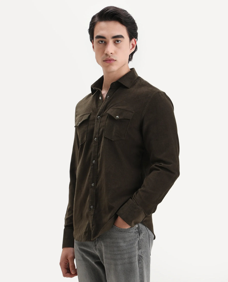 Rare Rabbit Men's Cord Olive Cotton Fabric Collared Neck Regular Fit Plain Shirt
