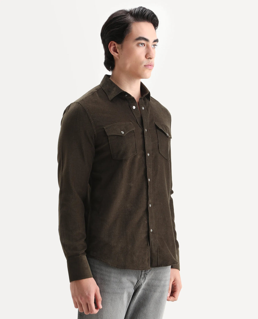 Rare Rabbit Men's Cord Olive Cotton Fabric Collared Neck Regular Fit Plain Shirt