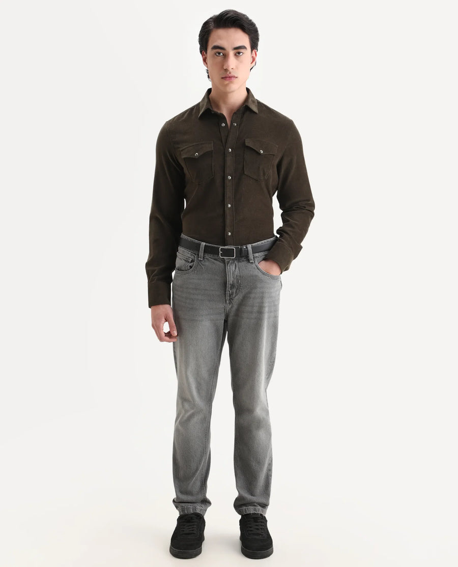 Rare Rabbit Men's Cord Olive Cotton Fabric Collared Neck Regular Fit Plain Shirt