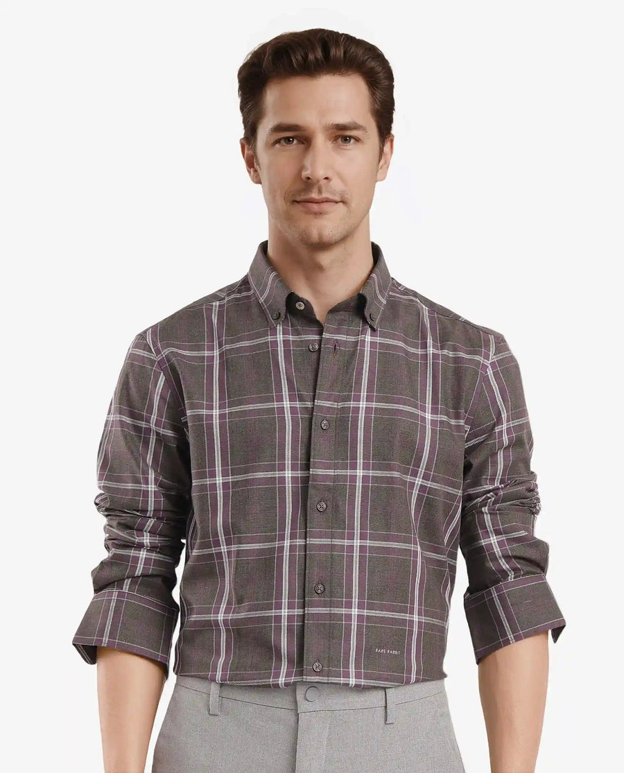 Rare Rabbit Men's Cordy Dark Olive Cotton Checked Print Regular Fit Full Sleeve Collared Shirt