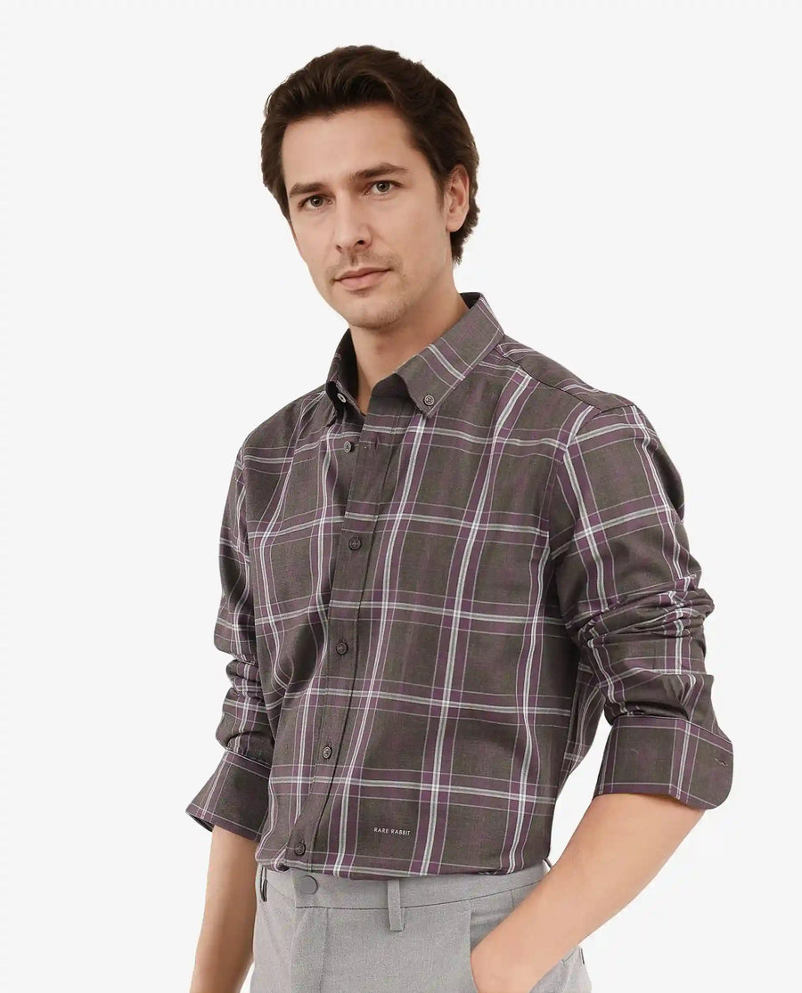 Rare Rabbit Men's Cordy Dark Olive Cotton Checked Print Regular Fit Full Sleeve Collared Shirt