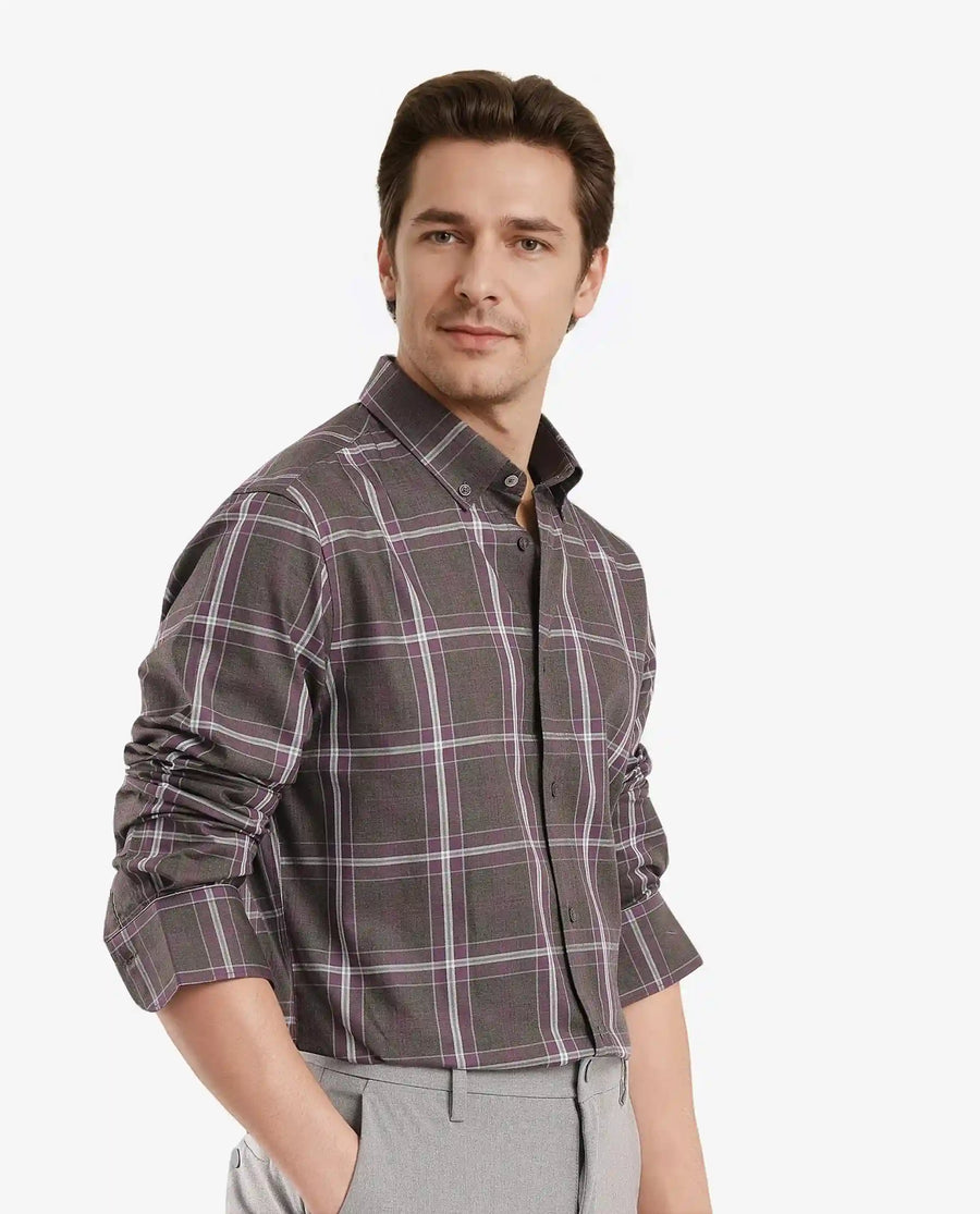 Rare Rabbit Men's Cordy Dark Olive Cotton Checked Print Regular Fit Full Sleeve Collared Shirt