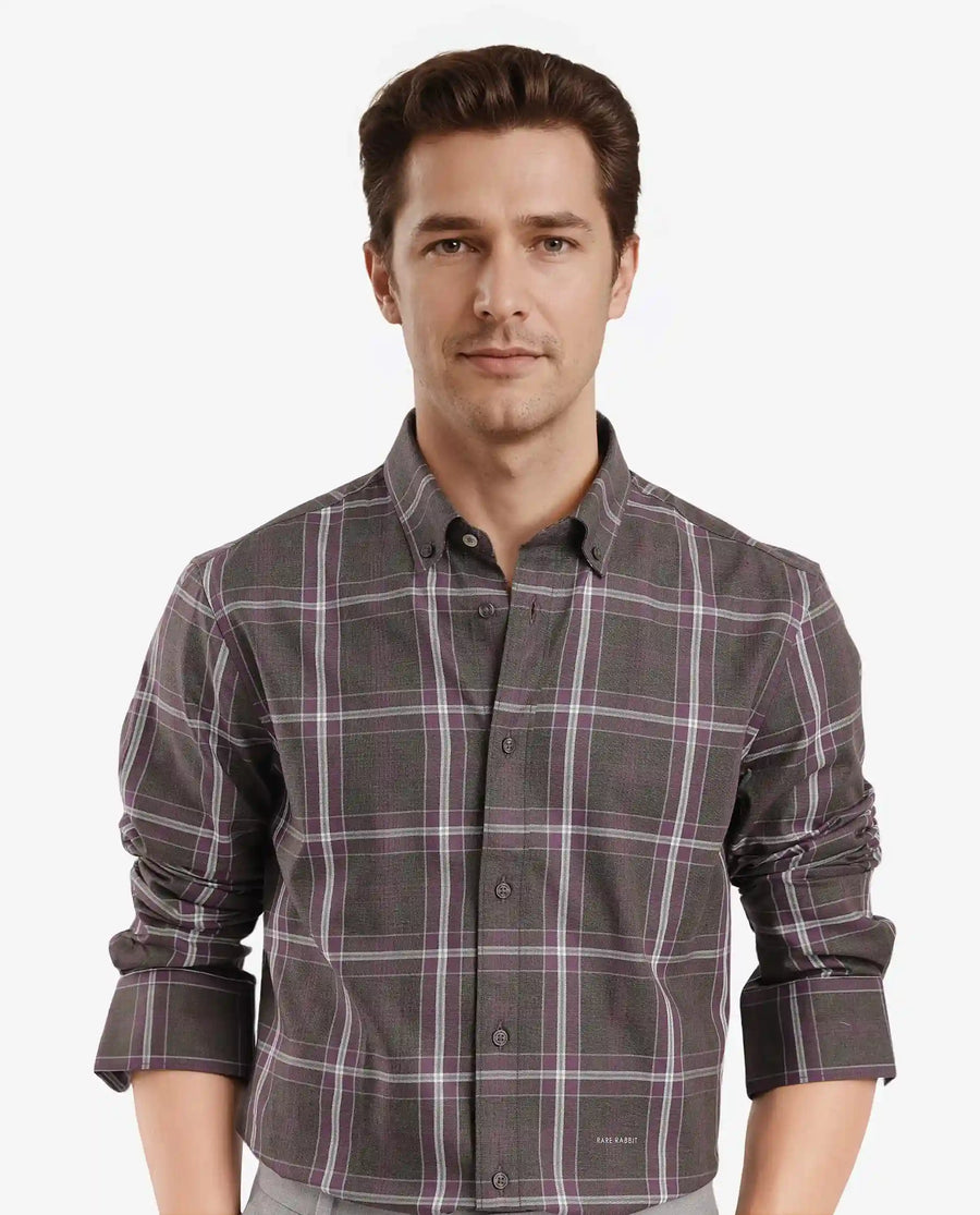 Rare Rabbit Men's Cordy Dark Olive Cotton Checked Print Regular Fit Full Sleeve Collared Shirt