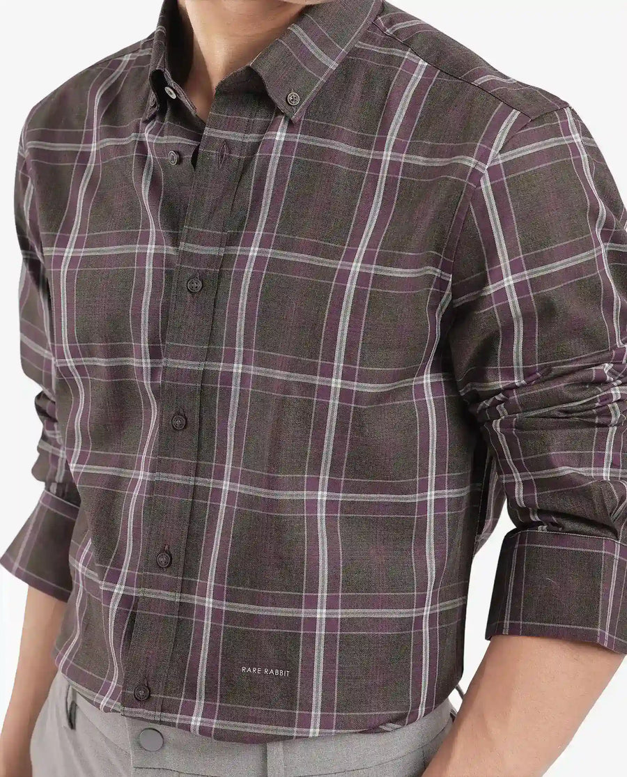 Rare Rabbit Men's Cordy Dark Olive Cotton Checked Print Regular Fit Full Sleeve Collared Shirt