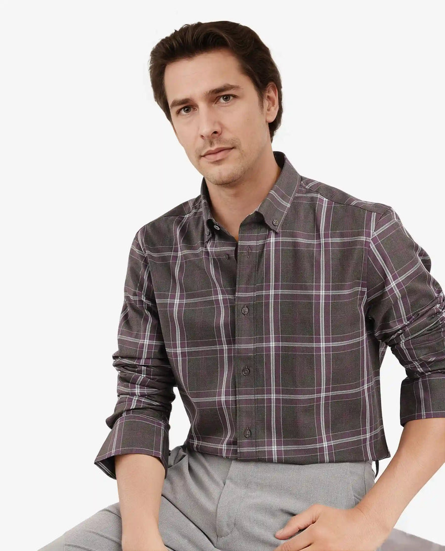 Rare Rabbit Men's Cordy Dark Olive Cotton Checked Print Regular Fit Full Sleeve Collared Shirt
