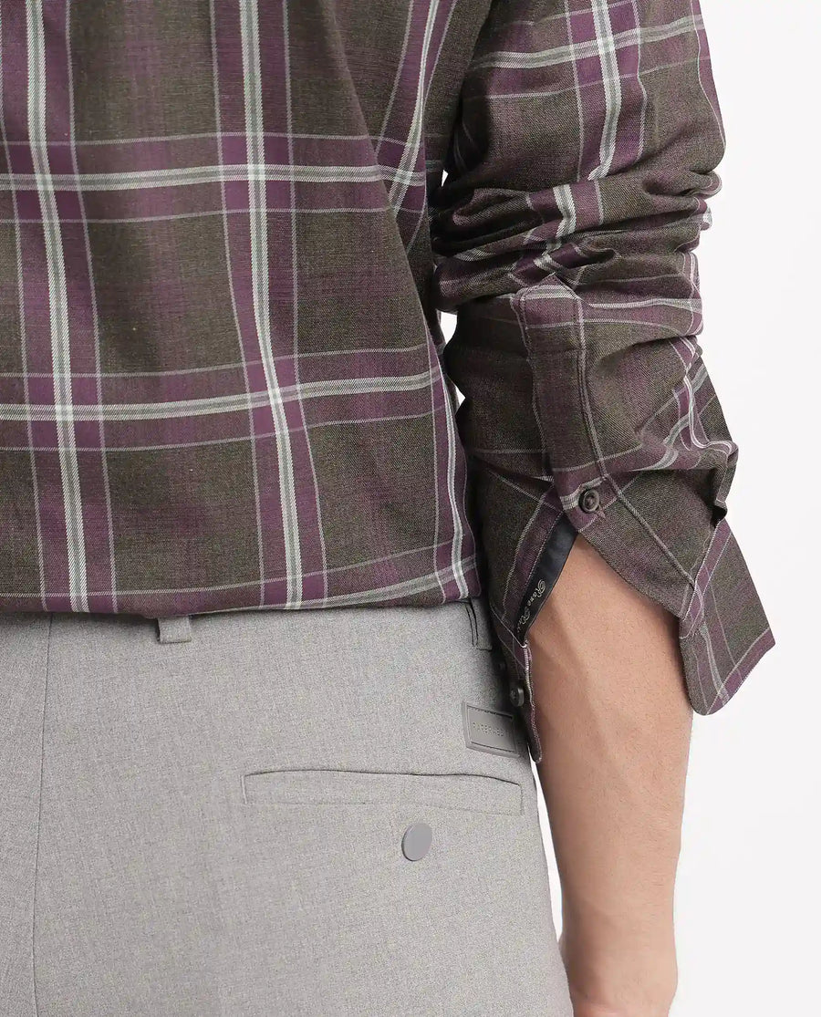 Rare Rabbit Men's Cordy Dark Olive Cotton Checked Print Regular Fit Full Sleeve Collared Shirt
