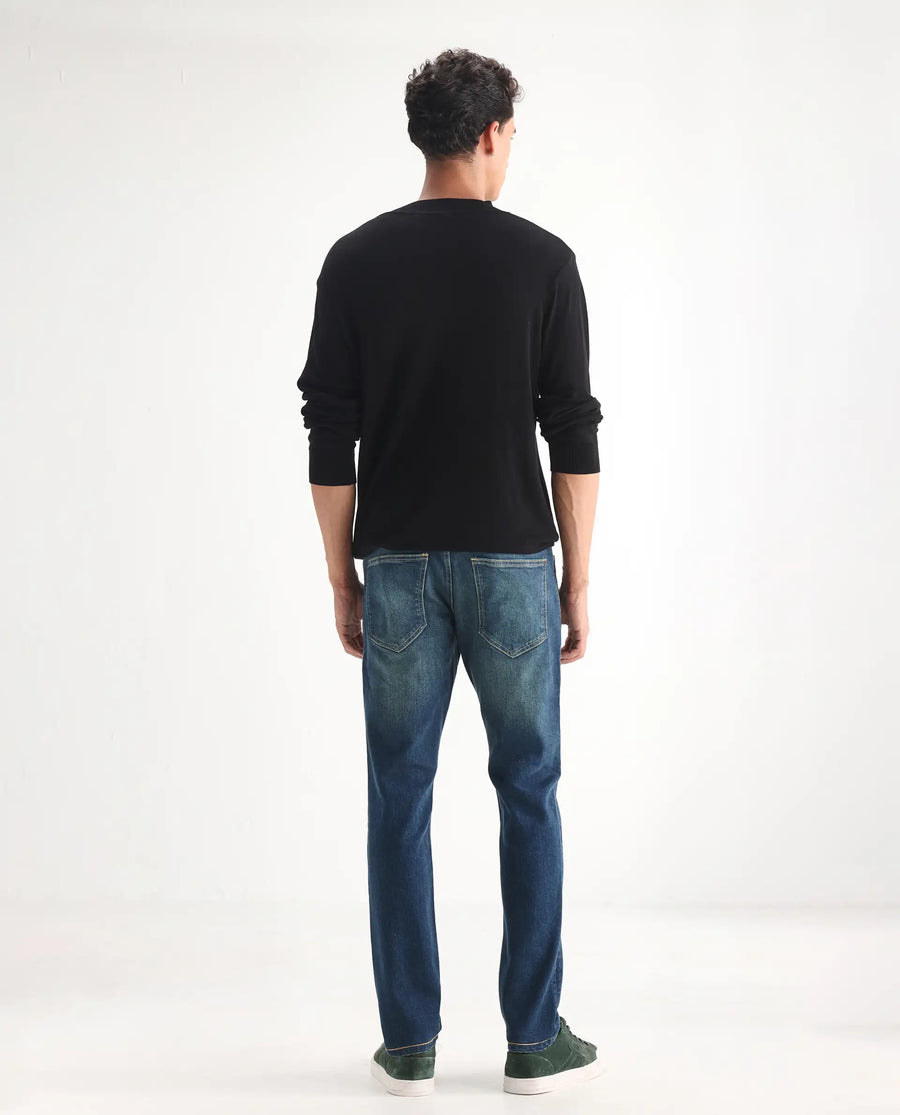 Rare Rabbit Men's Coro Pastel Blue Cotton Blend Plain Hawk Slim Fit Jeans