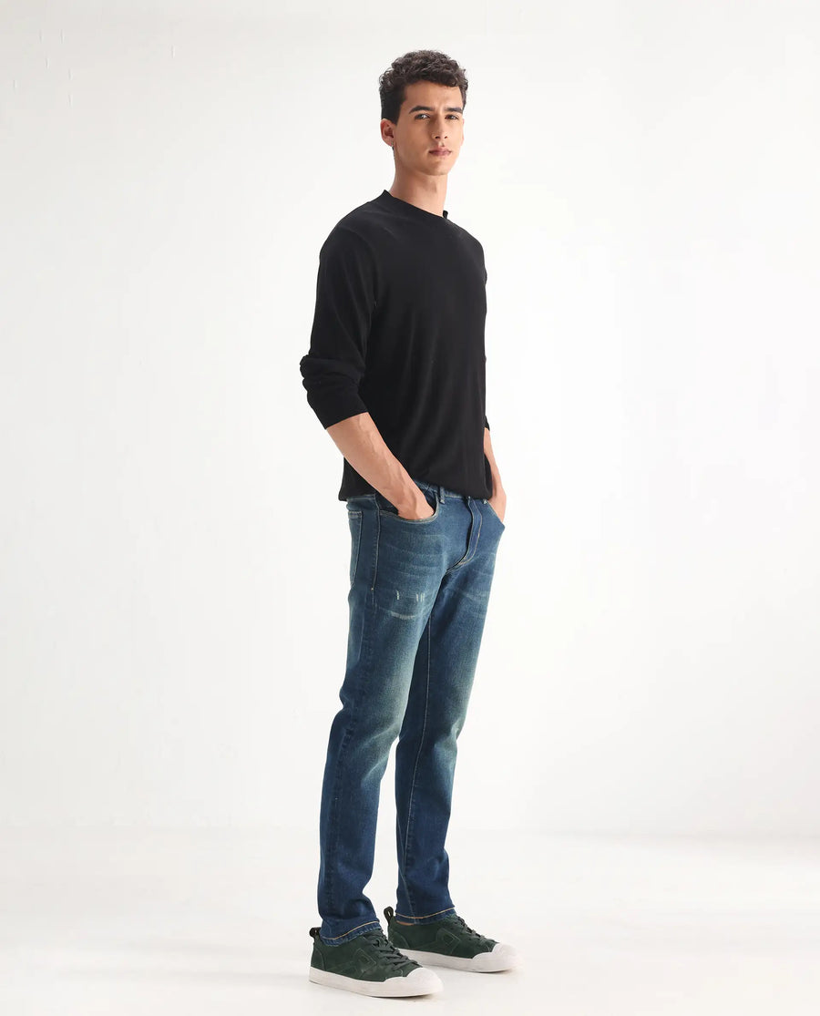 Rare Rabbit Men's Coro Pastel Blue Cotton Blend Plain Hawk Slim Fit Jeans